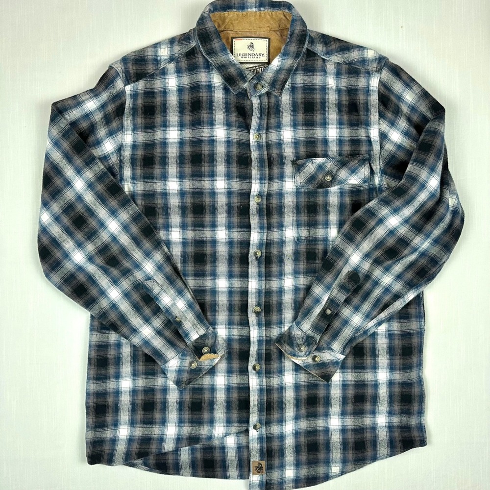 Legendary Whitetails Buck Camp Mens LT Blue Plaid Flannel Shirt Corduroy Trim